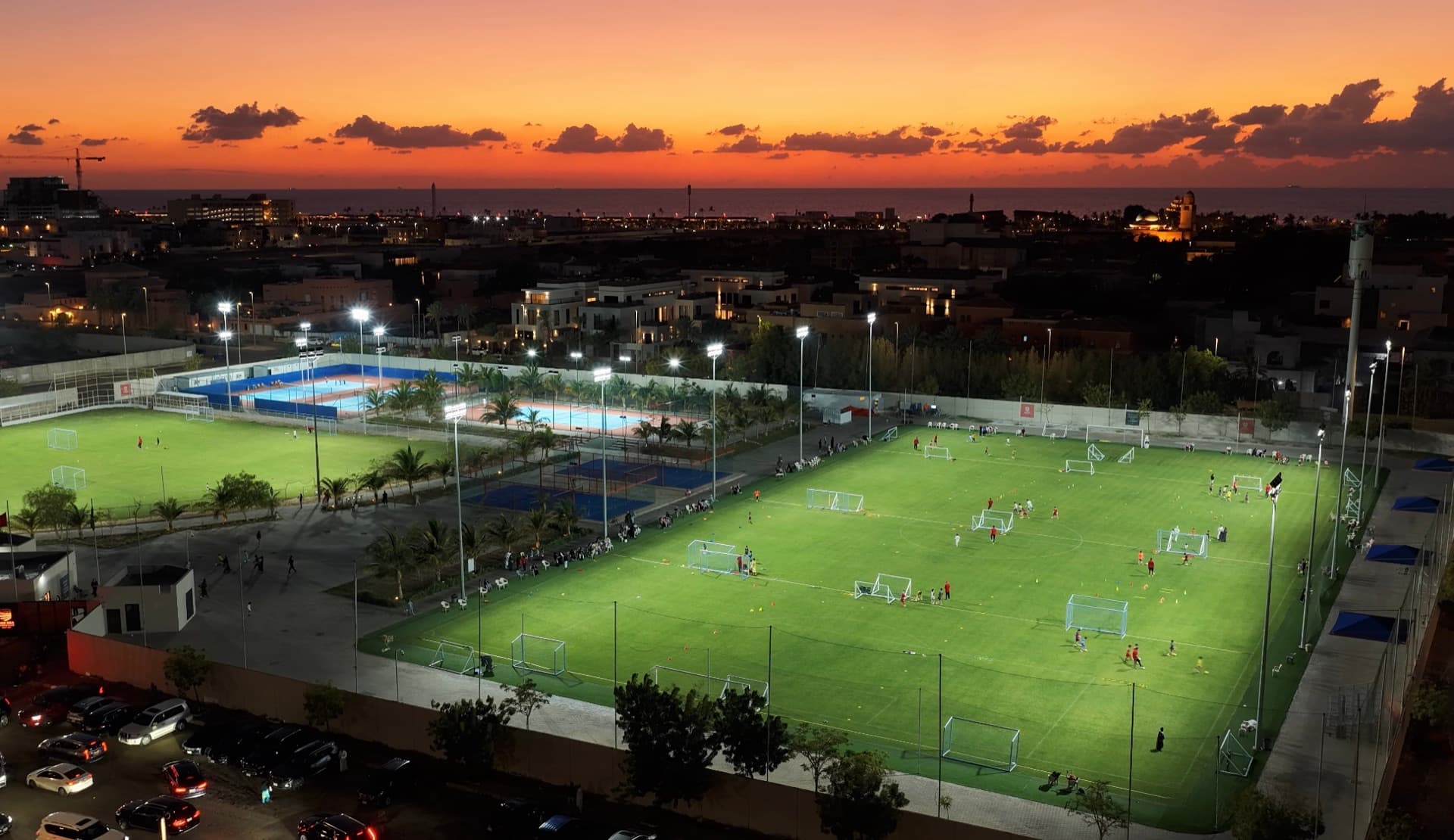 Red Sea Sports Club aerial view at sunset